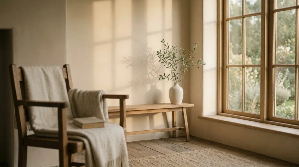 A sunlit room with a wooden chair, olive branches in a ceramic vase, and garden views through tall windows