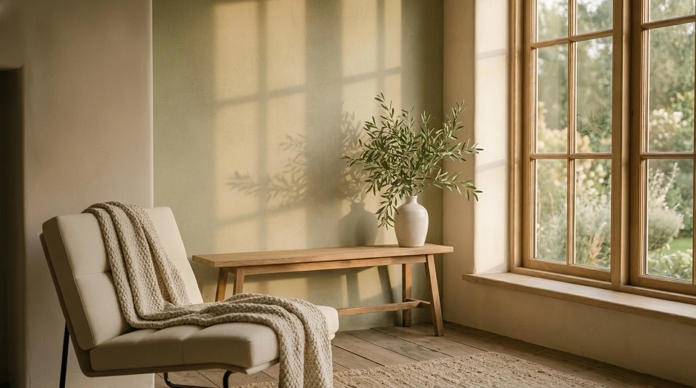 A sunlit room with a wooden chair, olive branches in a ceramic vase, and garden views through tall windows